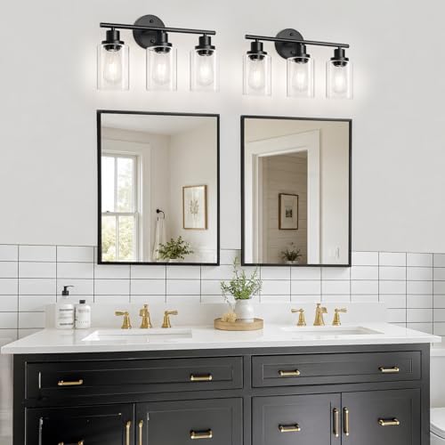 Image of Unicozin Modern Bathroom Light Fixtures, 3 Light Vanity Lights with E26 Bulbs, Black Wall Lamp with Clear Glass for Mirror Living Room Hallway Cabinet Porch