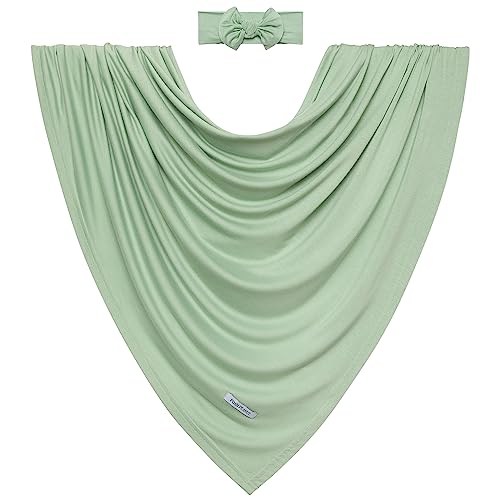 Image of Posh Peanut Swaddle Blanket & Headband Set - Viscose from Bamboo Stretchy Baby Swaddle for Newborn Girls, Receiving Blanket or Nursing Cover (Sage)