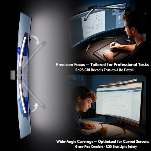 Image of Quntis Curved Monitor Light Bar with Soft Backlight, Dual Curve-Matching Pivoting Arms for 1000R-3000R 34 inch Ultrawide Screens, 1400 Lux CRI 98 Eye Care Desk Light, Auto-Dimming & Remote for Home Office