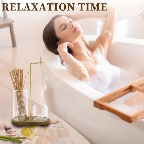 Cyiecweu 3 in 1 Räucherstäbchen Halter, Umgedrehter Holz Basis Räucherstäbchenhalter mit Abnehmbarem Glas Aschefänger und 40 Räucherstäbchen für Meditation, Schlaf, Yoga und Aromatherapie