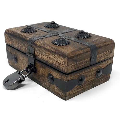 Nautical Cove Treasure Chest Wooden Box with Antique Iron Lock and Skeleton Key (X-Small 5 x 3 x 2) - Storage and Decor – Pirate Wooden Treasure Chest, Decorative Box with Hinged Lid,