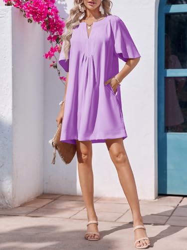 Image of Wenrine Womens Flutter Short Sleeve Mini Dress Casual V Neck Loose Flowy Summer Dresses