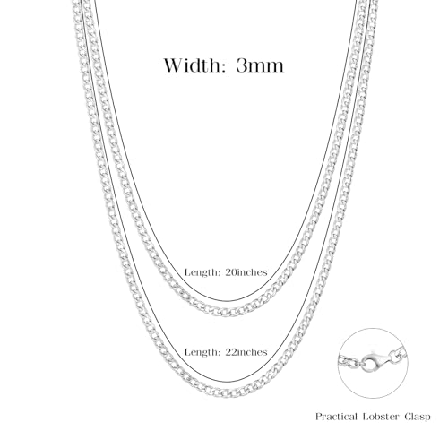 Silver Chain for Men, 3mm/5mm Cuban Link Chains for Men Stainless Steel,Mens Necklace Chain 20/22 inch,Gift Box Included2