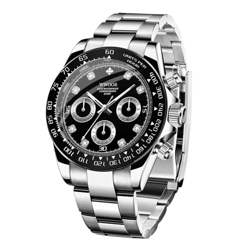 Silver Black Watch for Men Analog Quartz Chronograph Stainless Steel Luminous Mens Wrist Watches Business Work Sport Casual Dress Watch Elegant Gifts for Men