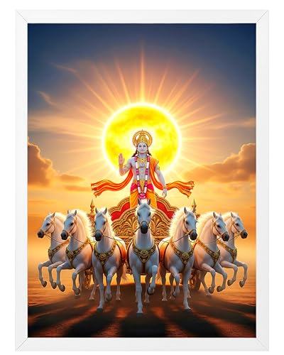 Image of ARTFUL TOY BOX - Surya Dev with Seven (7) Horses Photo Frame Wall Hanging | Divine Solar Chariot Rising Sun Design | Spiritual Surya Dev Artwork | Glossy HD Print | Premium White Fiber Frame | Devotional Home Decor - 12x18 Inch (30x45 cm)(Design 4)