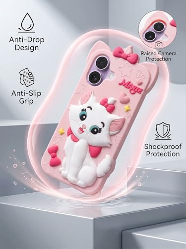 Image of amazon basics Luxury 3D Marie Cat Pink Silicone Case for iPhone 17 | Cute Cartoon Soft Back Cover | Shockproof Kawaii Designer Cover for Girls & Women