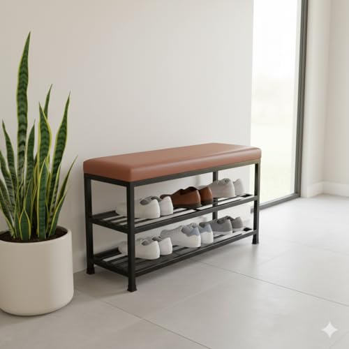 Image of Metal Shoe Rack Bench for Entryway | 2-Tier Shoe Organizer with Comfortable Cushion | Multipurpose Hallway Storage Furniture (Black, Heavy Duty Steel)