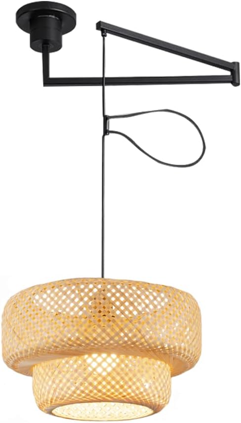 Adjustable Arm Bamboo Pendant Light Fixture, Boho Swing Arm Basket Weave Hanging Light, Vintage Round Shape Ceiling Pendant Light for Kitchen Island Dining Room (Black)