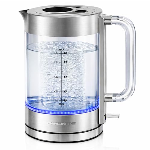 OVENTE Electric Kettle, 1.7L Double Wall Glass Tea Kettle with Stainless Steel Base, Acrylic Handle, 1500W Cordless Fast Boil Borosilicate Water Boiler, Easy Fill Lid & Auto Shut-Off, Silver KG912S