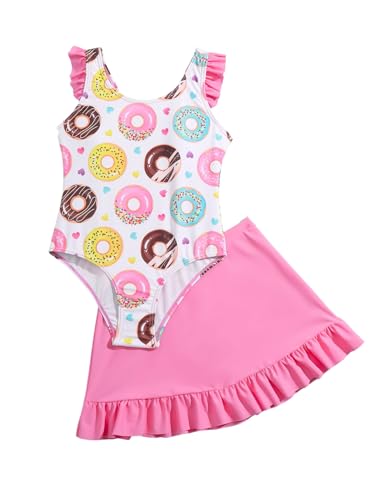 Girl's One Piece Swimsuits with Cover Up Skirt Cute Doughnut Graphic Summer Beach One Piece Swimsuit Swimwear