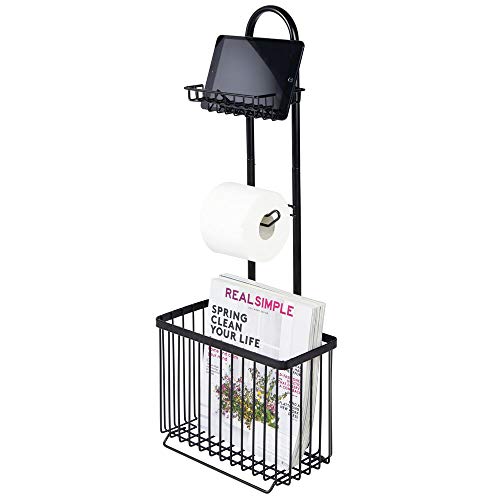 mDesign Free Standing Toilet Paper Holder Stand and Dispenser, with Storage for Tablet, Magazines, Books, Cell Phone While Dispensing 1 Roll - for Bathrooms Powder Rooms - Black