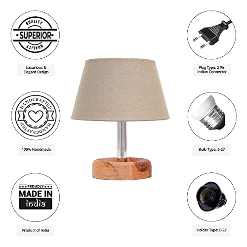 Image of PineCraft International Edra Table Lamp with Shade Night Lamp for Living Room, Study Room, Bedroom & Home Decor Gift Item 12 inch Height Wooden Study Lamp with Grey Shade, 1 Piece