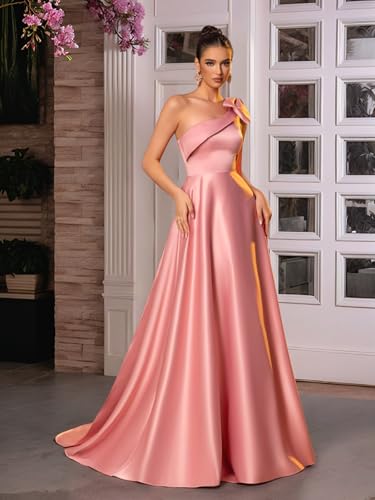 One Shoulder A Line Prom Dresses with Bow 2025 Satin Princess Ball Gown Formal Evening Party Gown for Women3