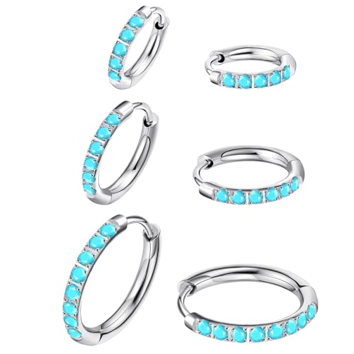 316L Surgical Steel Turquoise Huggie Hoop Earrings Set,Dainty Small Cute Silver Cartilage Earring for Multiple Piercing, Hypoallergenic for Women Men