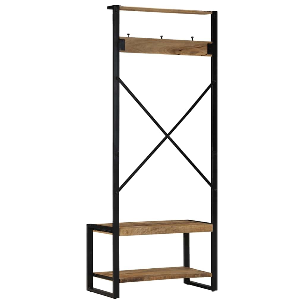 Solidny wieszak na ubrania z litego drewna z uchwytem 80 x 40 x 190 cm z wiszącym drążkiem, półką i 3 hakami do organizacji przestrzeni, solidna i funkcjonalna konstrukcja do wejścia, korytarza