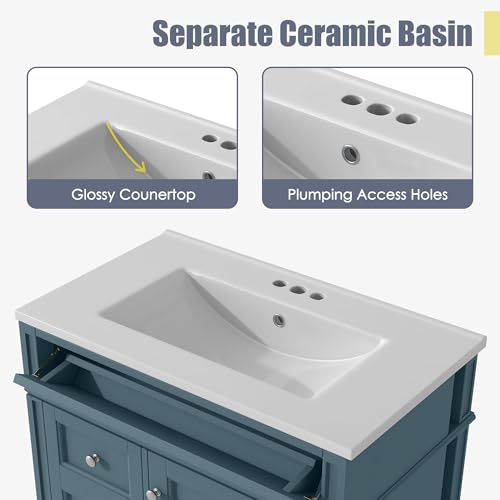 Image of Merax 30 Inch Bathroom Vanity with Sink Set, Modern Bathroom Vanity Storage Cabinet with Matching Mirror Medicine Cabinet, Solid Wood Frame,Painted Finish, 2 Drawers and 1 Tip-Out Drawer, Indigo
