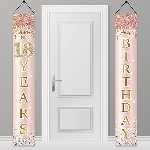 Image of 18th Birthday Door Banner Decorations for Girls, Pink Rose Gold Happy Eighteen Birthday Door Porch Backdrop Party Supplies, Happy Birthday Cheers To 18 Years Sign Decor