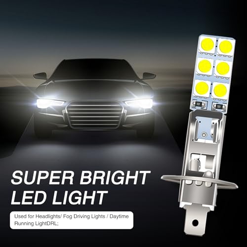 Sumjig 4 PCS H1 Car LED Fog Light, 5050-12SMD 55W 6000K 12V AC Anti-fog Super Penetrating Light, 360-degree No Blind Spot Lighting Accessories, Compatible with Most Car Models (White)