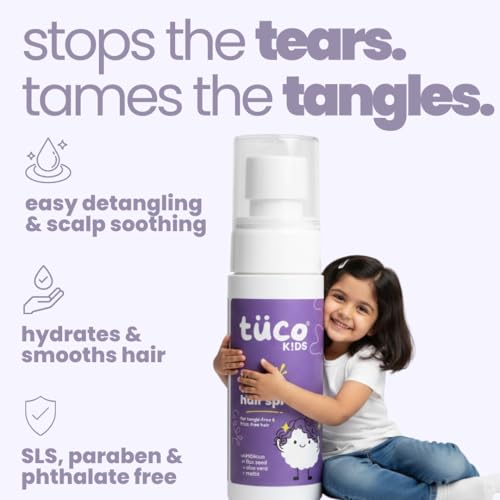Image of Tuco Kids Tangle Tamer Hair Detangler Spray | Infused with Aloe Vera, Flaxseed & Methi | Ages 2-5, 4-10, 10-15, 5-10 Years | Paraben & Sulphate Free | 50ml (Pack Of 1)