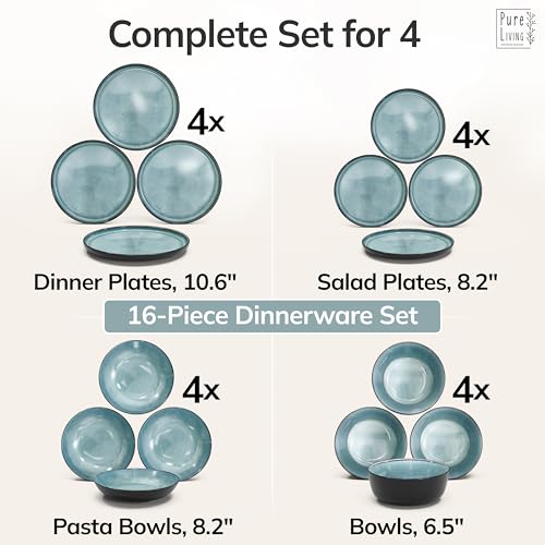 Image of Stoneware Dinnerware Set for 4, 16 Piece Plates and Bowls Set - Handmade Reactive Glaze, Chip & Scratch Resistant Sets - Dishwasher Microwave Safe, Modern Kitchen Dinner Service in Dark Petrol Blue