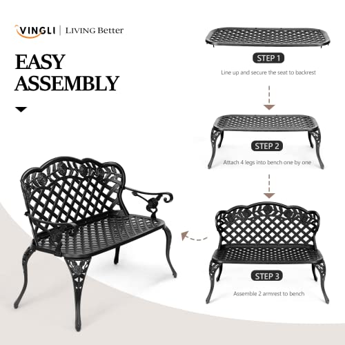 Image of VINGLI 42.5 inch Outdoor Bench, Antique Cast Aluminum Front Porch Bench Metal Garden Benches Cast Iron Benches 2 People Seating (Black)