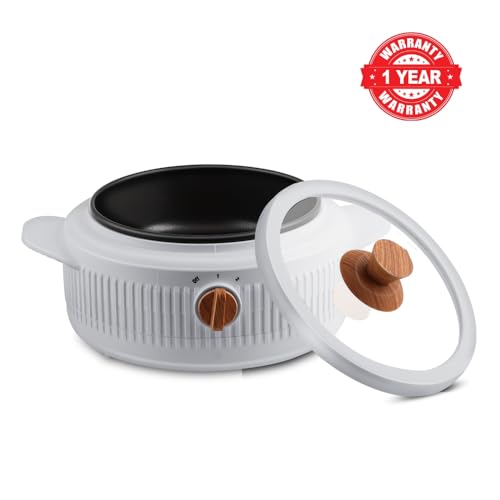 Image of Jaypee Plus Electric CookSmart Casserole with Teflon NonStick Coating Bowl for Reheating & Cooking, Serving Casserole Wooden Finish Lid & Regulator Knob Toughened Glass Lid, 1500 ml, Grey