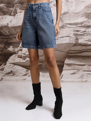 Image of Tokyo Talkies Women Blue High Rise Cotton Denim Shorts