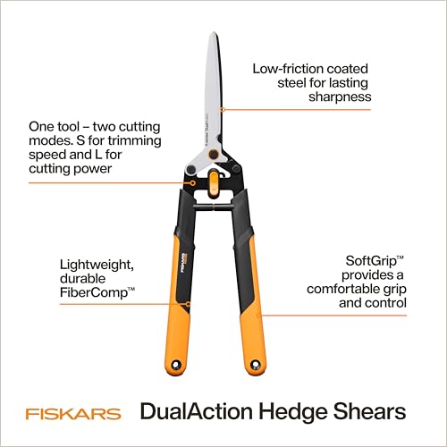 Image of Fiskars DualAction Hedge Shears, 2-in-1 Fast Trimming & PowerCut Hedge Trimmer, Precision-Ground Steel Blades for Clean Cuts, Shock-Absorbing Bumpers & SoftGrip Handles for Comfort