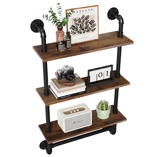 Merapi 24' Industrial Floating Shelves with Tower Bar, Pipe Shelves for Wall, 3 Tier Rustic Wood Wall Shelves for Home Décor, Bedroom, Living Room, Bathroom
