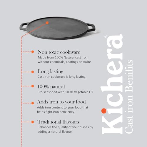 Image of Kichera Pre-Seasoned Cast Iron Dosa Tawa 12-Inch | Double Loop Handle Roti & Dosa Pan | Heavy Duty 3kg Induction-Friendly Cookware | Non-Stick Naturally | Pure, Chemical-Free for Everyday Cooking