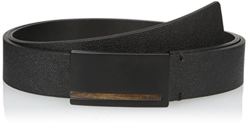 Calvin Klein Men's 32mm Caviar Grain Leather Belt with Wood Inlay On Plaque Buckle