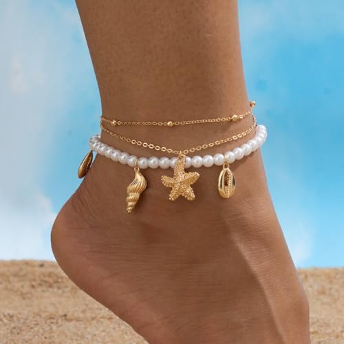 Image of Ankle Bracelets for Women Waterproof Beach Jewelry for Women Elastic Beaded Anklets Boho Seashell Pearl Starfish Anklets for Women Foot Jewelry