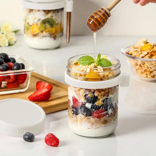 Image of LANDNEOO 4 Pack Overnight Oats Containers with Lids and Spoons, 16 oz Glass Mason Jars with Airtight Lids, Overnight Oats Jars for Milk, Cereal, Fruit-White