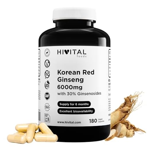 Ginseng Rojo Coreano 6000 mg. 180 cápsulas veganas para 6 meses de tratamiento. Extracto Natural de raíz 15:1 con un 30% de Ginsenosidos por cápsula. Fabricado en España por HIVITAL