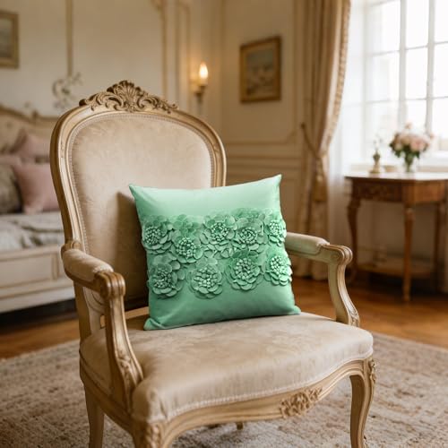JWH Handmade 3D Flower Throw Pillow Covers Aesthetic Decorative Colorful Floral Accent Pillow Cases Stereo Pillowcase Cute Cushion for Car Bed Couch Bedroom Sofa 18x18 Inch Mint Green by JWH - Image 3