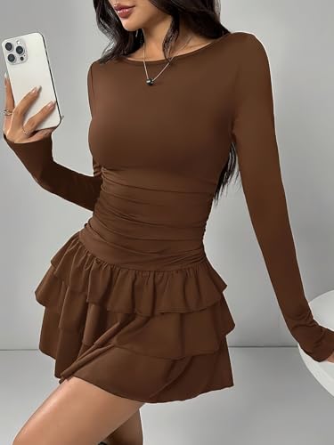Sukiglam Damen Kleider Sexy Minikleid Langarm Rüschenkleid mit Bootsausschnitt Bodycon Kleid Kurz Figurbetont Partykleid Cocktailkleid Abendkleider Freizeitkleid Elegant A-Linie Kleider Herbst/Winter