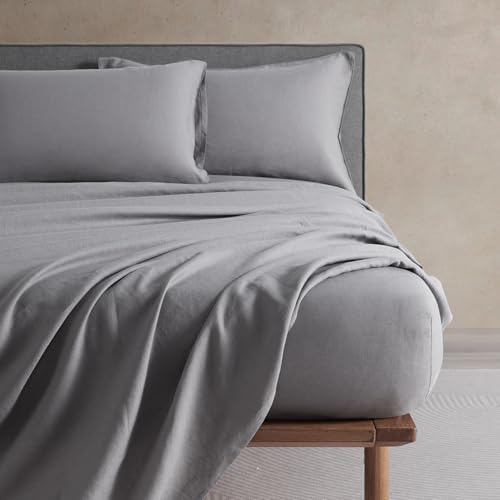 DAPU Pure Linen Sheets Set, 100% French Linen from Normandy, Breathable and Durable for Hot Sleepers, 4 Pcs Set - 1 Flat Sheet, 1 Fitted Sheet, 3 Pillowcases (Earl Grey, California King)