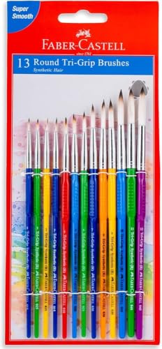 Image of Faber-Castell Tri-Grip Round Paint Brushes Set of 13 | Synthetic Hair Brushes Sizes 0, 1, 2, 3, 4, 5, 6, 7, 8, 9, 10, 11 & 12 | Non-Slip Grip Brushes for Watercolour, Acrylic, Poster, Tempera & Fabric