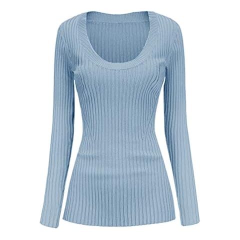 v28 Women Scoop Neck U-Neck Knit Long Sleeve Slim Fit Ribbed Sweater Tops, U-neck Babyblue, M Cover