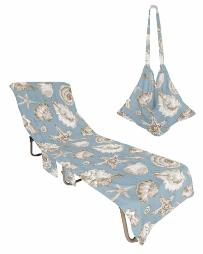 Nautical Coastal Beach Lounge Chair Towel Cover, Soft Chaise Lounge Towel with Side Pockets Patio Pool Chairs Cover for Beach/Pool Sunbathing 29x85 Vintage Ocean Shell Conch Sea Starfish