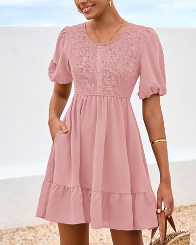 BTFBM Spring Empire Waist Dress for Women 2025 Summer Smocked Crewneck Puff Short Sleeve Beach Vacation Mini Dresses4