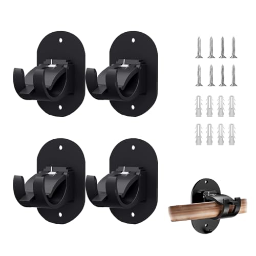 4 PCS Curtain Rod Bracket Holder - Universal Self Adhesive Wall Mount for 0.6'' to 1.5'' Rods, Heavy Duty Curtain Rod Hooks for Bathroom, Kitchen, Living Room (Black) (4pcs Black-M)