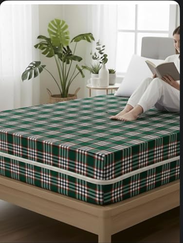 Image of Bed Cover,Mattress Cover, Mattress Protector Bed Covers with Zip /Chain Cotton - Green Check - 75 * 48 * 6 inch / 6.25 feetX4 feet