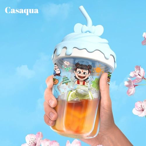 Image of Glass Tumbler with Lid & Straw - 400ml, Set of 1, Cute Bow Handle Sipper Cup, Glass Drinking Cup for Water, Juice, Milk & Smoothies, Cartoon Printed Kids Cup (Receiving Random Color)