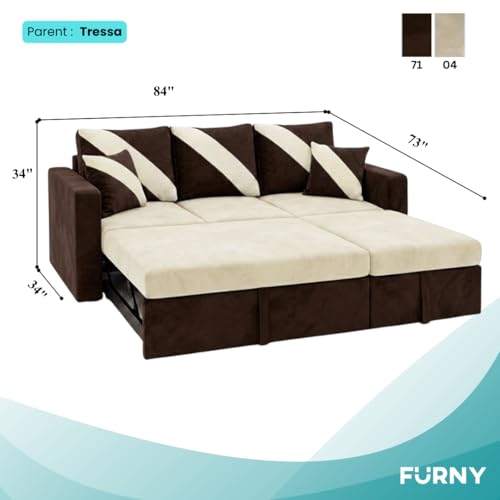 Image of FURNY Trivia 4 Seater RHS Lounger Sofa Cum Bed (Dark Brown - Cream) with Pull-Out Function | Luxury Velvet Suede Finish | Durable Comfort | Ideal for Living Room