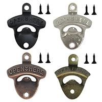 Flaschenöffner Wand, 4 Stück Wandmontage Bieröffner mit Schrauben, Vintage Design Wandflaschenöffner für Bar und Wohnkultur (Schwarz Bronze Kupfer Weißnickel Farben)