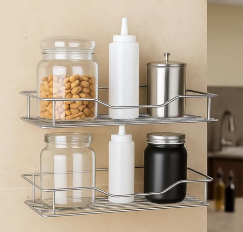 Image of Stainless Steel Wall Mounted Shelf for Kitchen & Bathroom | Rustproof Storage Rack for Spices, Accessories | Heavy Duty Wall Organizer with Easy Installation | (Silver) (Pack of 2)