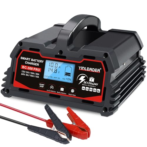 Battery Charger 30A, 12V/24V Lead Acid Smart Battery Charger, 12V LiFePO4 Car Battery Trickle Charger, Automatic Battery Maintainer for Car Motorcycle Lawn Mower Marine Boat Lead Acid Batteries