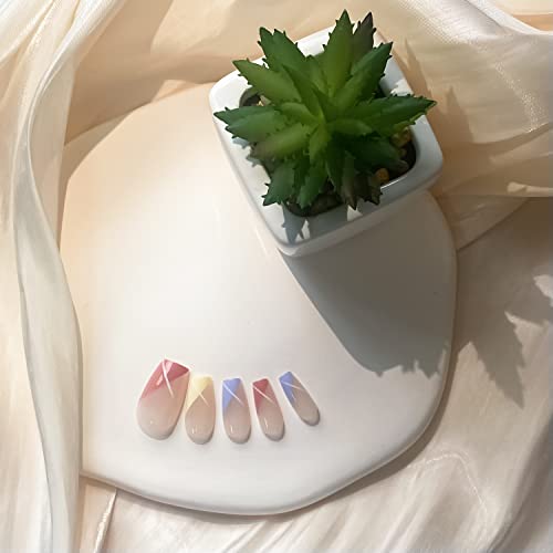 24 Pcs French Press On Nails Short Square Fake Nails Blue And Yellow Glossy Acrylic False Nails White Line Design Full Cover Nail Art Supplies For Women And Girls Diy #TOP3