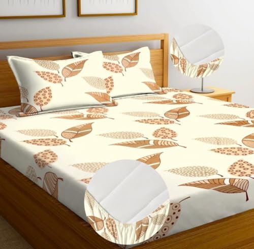 Image of NEW LEAF Premium Cotton Elastic Fitted Bedsheets with 2 King Size Pillow Covers | Double Bed with All Around Elastic 180 TC Supersoft | Size - 72 King Sizex78+10 inches | Autumn Leaves